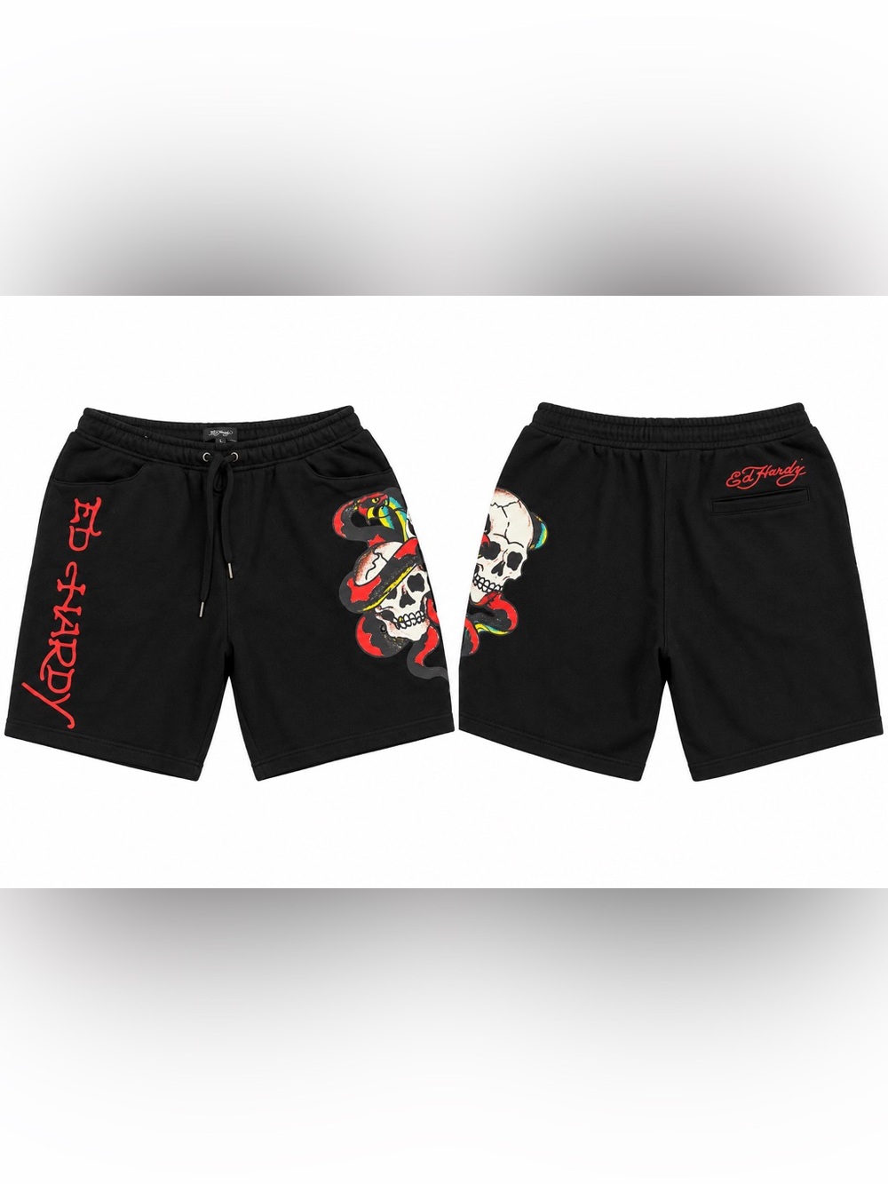 Ed Hardy Black Men’s Shorts with Skull & Multi-Color Snake Graphic
